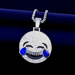 New Crying Laughing Emoji Pave CZ  Simulated Sapphire Pendant Necklace